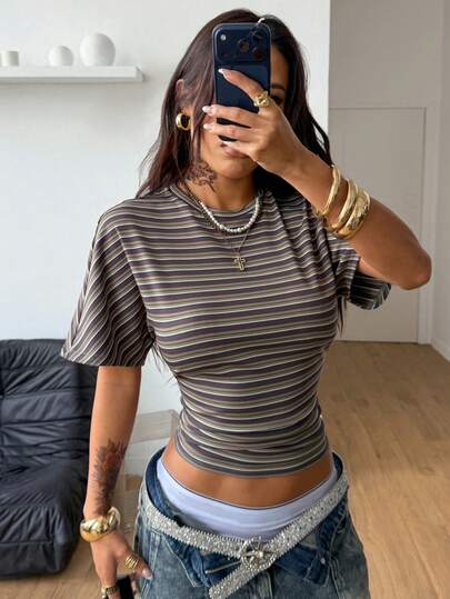 Coolane Summer For Women Minimalist Y2K Basic Daily Wear Casual Back To School Streetwear Casual Stretchy Striped Loose Ruched Crop Tee