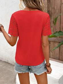 Breezaya Camiseta de verano casual de unicolor con cuello en pico, manga corta y encaje calado - Rojo - Ver 2