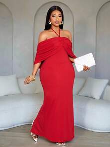 SOLERSUN Plus-Size Women's Elegant Red Summer Satin Party Dress,Off-Shoulder Halter Neck Pleated Tight-Fitting Back Slit Long Dress For Wedding & Holiday - Red - View 2