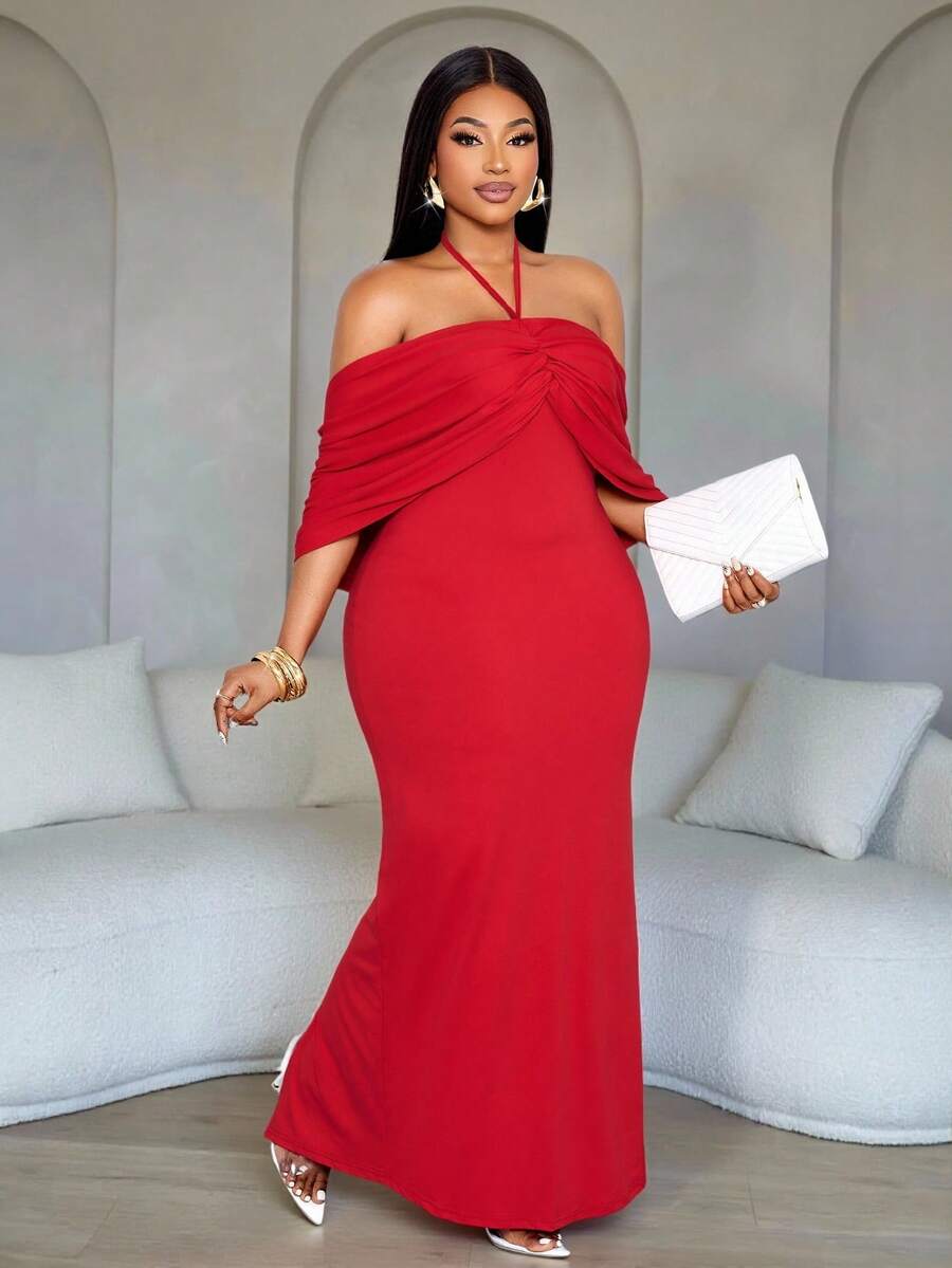 SOLERSUN Plus-Size Women's Elegant Red Summer Satin Party Dress,Off-Shoulder Halter Neck Pleated Tight-Fitting Back Slit Long Dress For Wedding & Holiday
