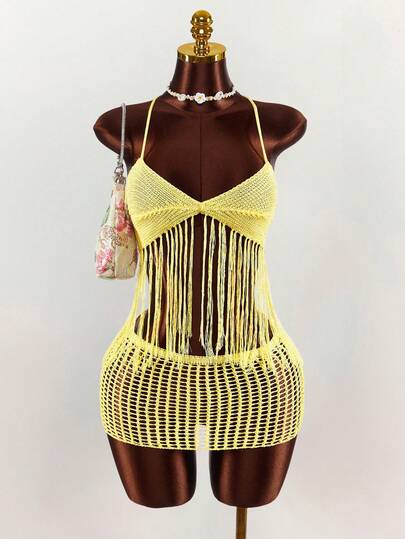 Amplova 女士度假纯色流苏下摆吊带针织上衣和镂空针织迷你裙两件套