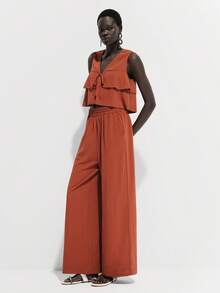 Lumivelle Women's Fashion Sexy Ruffle Tie-Up Short Sleeve Top + Wide Leg Pants 2 Pieces Set - Red - View 3