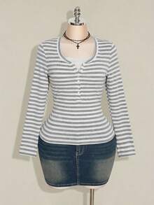 SHEIN ICON Áo thun ôm dáng dành cho nữ cỡ lớn, phối ren tương phản, màu đen và xám, dành cho mùa thu/đông. - Nhiều màu - Xem 3