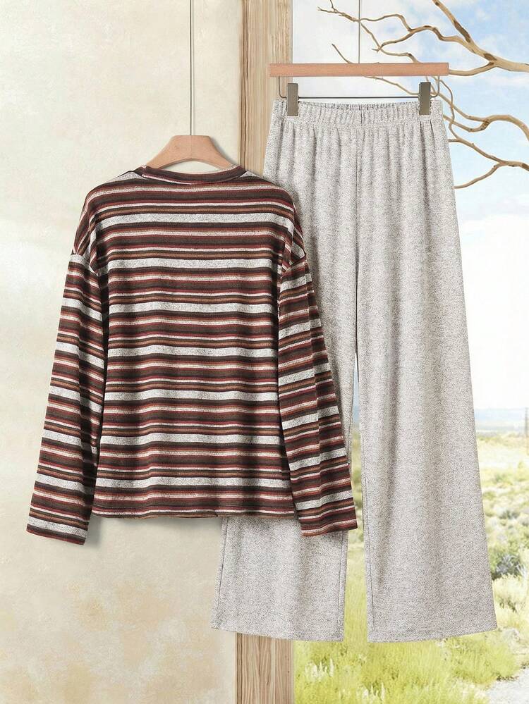 Rusticease 2 piezas Conjunto de top de manga larga y pantalones de punto texturizado casual para mujer - Multicolor - Añade 2