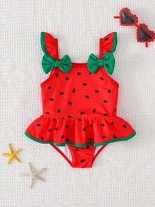 SHEIN Baju Renang Terusan Bayi Perempuan Motif Stroberi Lucu dengan Hiasan Pita, Potongan A-Line Manis dan Elastisitas Tinggi, Cocok untuk Liburan dan Pantai - Merah - View 5