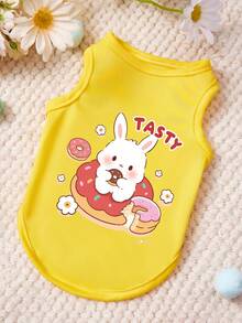 PETSIN 1件可爱兔子吃甜甜圈图案字母印花宠物背心，黄色亲肤透气宠物衣服 - 黃色 - 查看 1