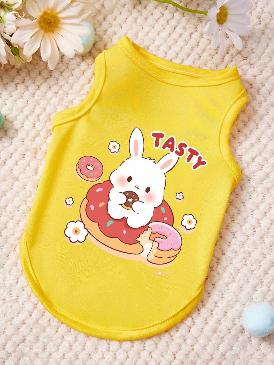 PETSIN 1件可爱兔子吃甜甜圈图案字母印花宠物背心，黄色亲肤透气宠物衣服 - 黃色 - 查看 1