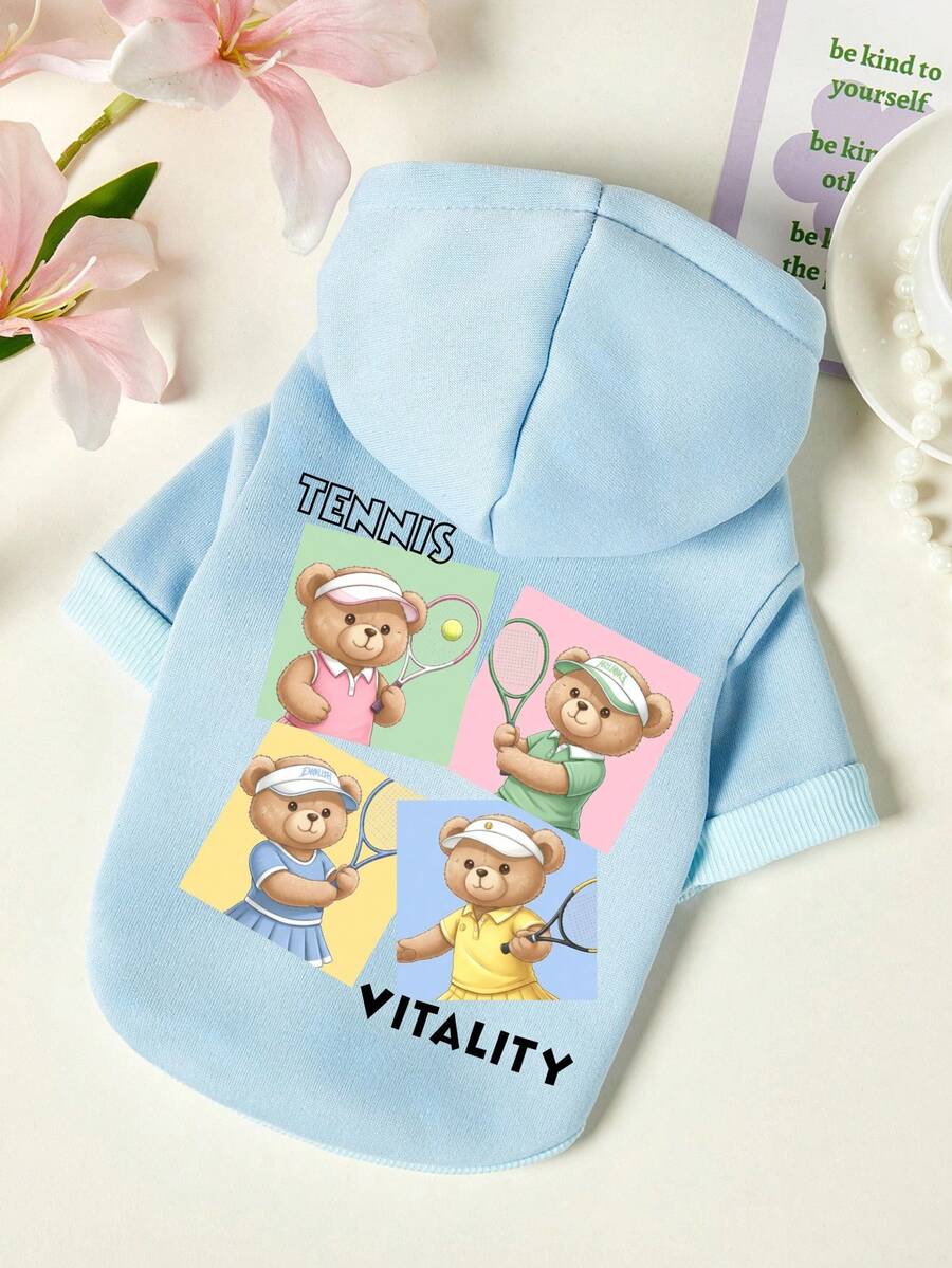 PETSIN 1 Piece Cute Tennis Teddy Bear Sports Style Letter Printed Pet Hoodie Blue Autumn And Winter Thick Warm Pet Clothes Clothes - Blue - View 1