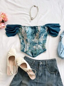 Top con estampado de jacquard floral colorido y estilo vintage palaciego con botones y lazo en la espalda, elegante para vacaciones y citas.Crop top hombros descubiertos, tropical, ve - Multicolor 7 - Ver 3