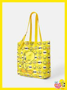 LOONEY TUNES X SHEIN Fashionable Large Capacity Rainbow Cat Pattern Tote Bag, Yellow - duck yellow - View 2