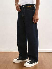 TOKVUE Men's Fashionable Street Style Embroidery Design Casual Washed Straight Leg Loose Jeans Men Wide Leg Jean Dark Wash Jeans Men's Jeans - Dark Wash - View 6