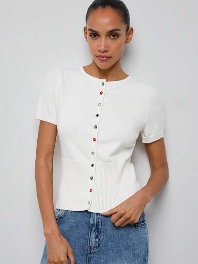 Maija Women's White Knit Long Sleeve Top With Belt And Metal Decor