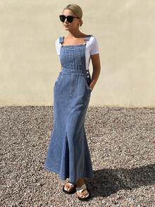 DAZY Pocket Washed Denim Pinafore Dress, Women's Summer Fitted Slimming Mermaid Maxi Denim Dress - Blue - View 4