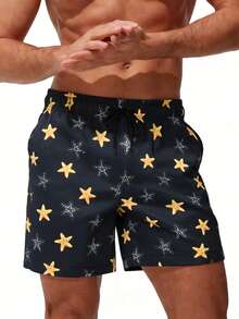 Manfinity Swimmode Men's Star Print Slant Pocket Drawstring Waist Casual Beach Shorts - Black - View 4