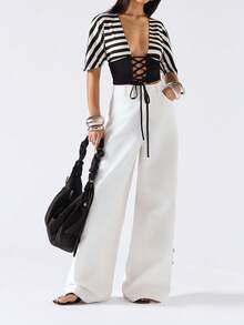 LYSMO 2026 New Arrive Minimalism Spring/Summer Women's Sexy Striped Patchwork Criss-Cross Tie Front T-Shirt, Summer - Black and White - View 6