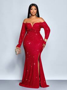 SOLERSUN Vestido de cóctel sexy y elegante con escote en V y hombros descubiertos, bajo de sirena, para mujer de talla grande, adecuado para vacaciones y citas, otoño e invierno, hombros rectos, escote en V, pliegue en el pecho, cintura entallada, falda larga, vestido rojo, vestido de lujo para fiesta, vestido brillante, vestido de fiesta, 2026, Año Nuevo, Día de San Valentín - Rojo - Ver 5