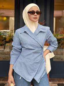 DAZY Women's Casual Striped Asymmetric Collar Blouse, Spring/Summer Long Sleeve - Blue - View 10