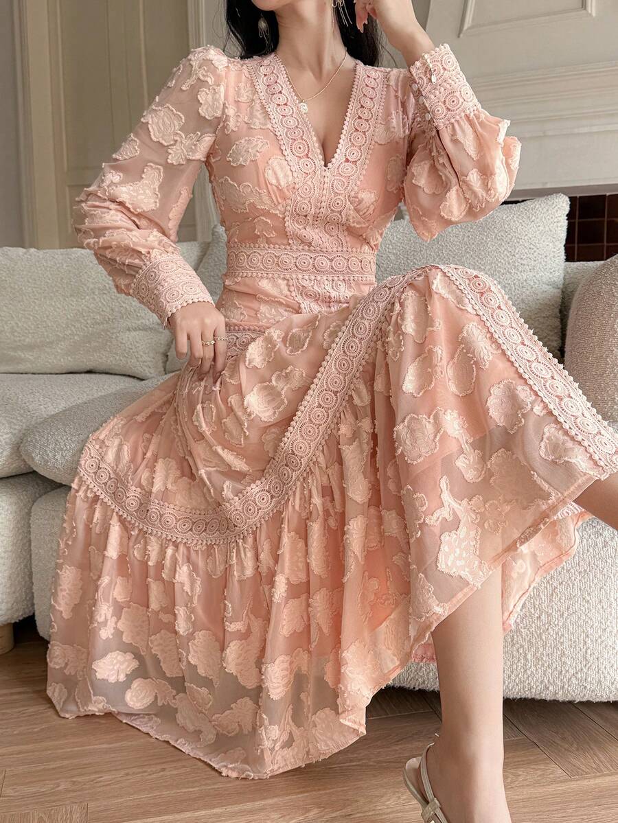 DAZY Women's Elegant Floral Lace Patchwork V-Neck Petal Sleeve Mid-Length Dress, Spring/Summer,Wedding Guest Dress Women Sundress - Pink - View 1