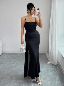 SHEIN Raffinéa Women's Plunging Neckline Spaghetti Strap Backless Fitted Elegant Dress - Black - View 5