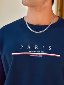 Manfinity CityGents 宽松男士字母印花连帽衫，长袖，适合秋季穿着。 - 藏蓝色 - 查看 4