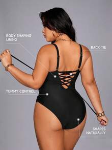 Plus Size Women Patchwork One-Piece Swimsuit, Casual Beach & Pool Wear - Black and White - View 2