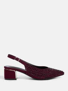 CUCCOO TILAWA Giày cao gót quai sau đính đá, đế thô - Màu Đỏ Sâu - Xem 2