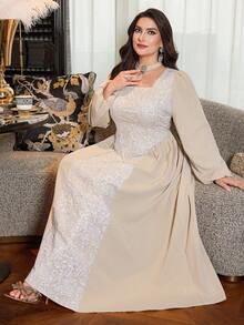 Modelyn Khaki Jacquard Patchwork Chiffon Elegant Fashion Aristocratic Romantic Beautiful Generous Goddess Long Sleeve Flared High-End Design Plus Size Women Dress - Khaki - View 5