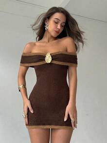 Aloruh Đầm len nữ trễ vai, cài nút trang trí, dáng ôm. - màu nâu - Xem 9