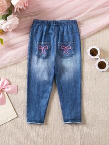 SHEIN Baby Girl Cute Bow Knit Elastic Waist Pants, Summer - Blue - View 2