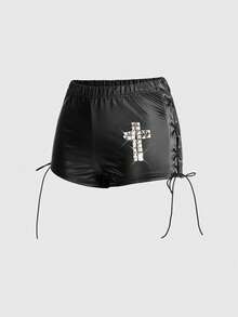 ROMWE Grunge Punk Spring/Summer Y2K Black Low Waist PU Leather Rivet Decor Side Lace-Up Sexy Mini Shorts, Suitable For Parties, Gatherings, Music Festivals, Shopping Dates And More - Black - View 5