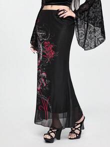 ROMWE Goth Spring/SummergraphicblackDark Academia Chinese Style Hibiscus & Snake Skin Print Bodycon Mermaid Skirt - Black - View 7