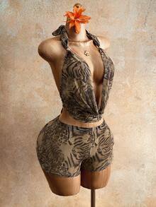 Mistrie Women's Animal Print Leopard Halter Top With Front Tie, Featuring Metal Ring Details And Cut-Out Design. Fashionable And Sexy Halter Backless Leopard Vest, Suitable For Vacations, Parties, And Music Festivals. - Brown - View 4