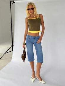 TRNVIE Fashionable Casual Wide Leg Opening Slit Low Waist 7/8 Length Jeans - Medium Wash - View 6