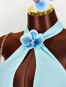 Amplova 女士深V领碎花上衣搭配亮片迷你裙两件套，性感露背设计，适合度假、早春休闲穿着 - 藍色 - 查看 1