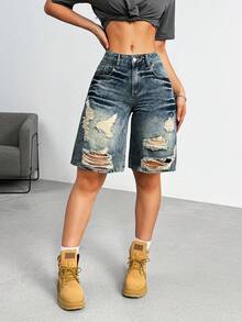 Shorts vaqueros desgastados y lavados de mujer, de verano - Neblina azul - Ver 6