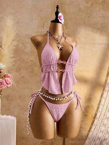 Bellisia Women's Summer Vacation Beach Textured Halter Tankini Set - Purple - View 1