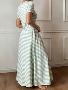 DAZY Đầm dài kẻ sọc tươi tắn, thắt eo, thích hợp mặc nhà cho nữ. - màu xanh lá - Xem 2