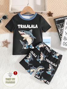 1 zestaw chłopięcy Tralalero Tralala, śliczny, kreskówkowy nadruk rekina, dopasowana koszulka z krótkim rękawem i szorty, modny i fajny, wiosna/lato - Czarne - Zobacz 1