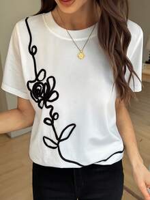 Vivie Lora 女士修身圆领短袖休闲T恤，采用3D线条设计 - 白色 - 查看 7