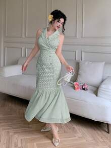 Modelyn Vestido Elegante com Gola de Lapela, Dupla Fileira de Botões, Chiffon, Patchwork Jacquard Amarelo - Verde - Visão 7