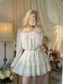 SHEIN MOD Blusa elegante de mujer con hombros descubiertos, mangas con volantes y peplum - Blanco - Ver 1