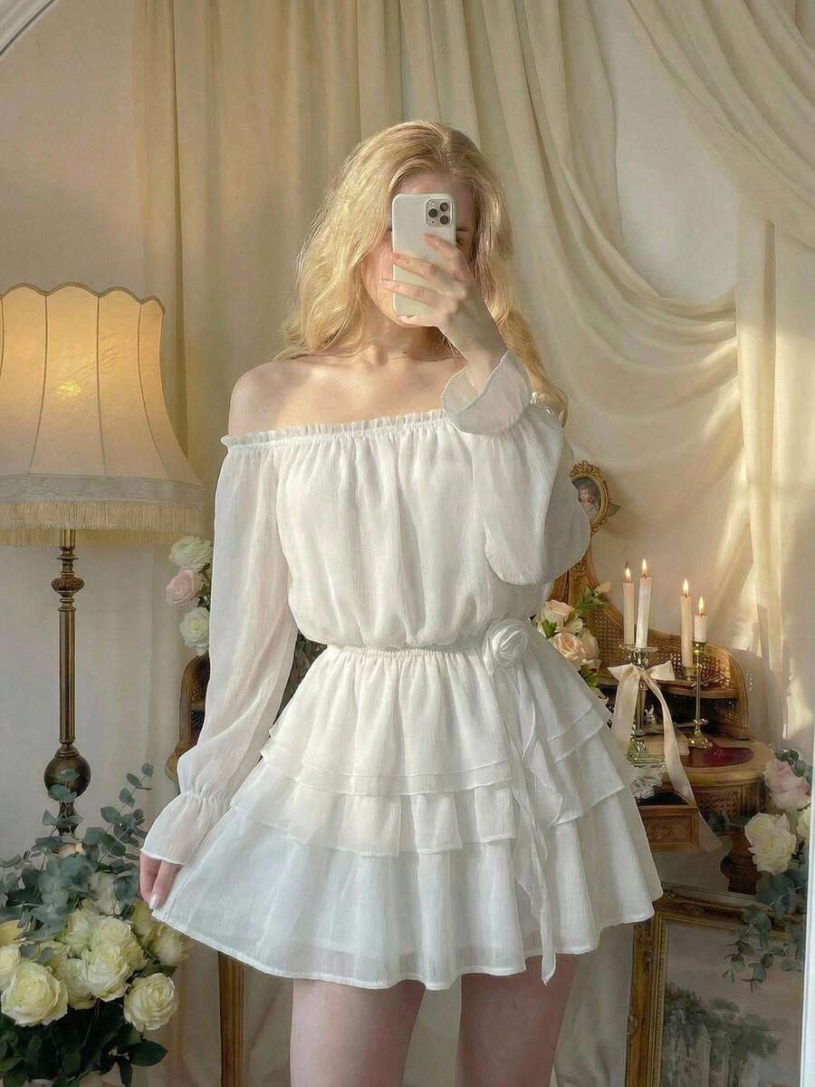 SHEIN MOD Blusa elegante de mujer con hombros descubiertos, mangas con volantes y peplum - Blanco - Ver 1