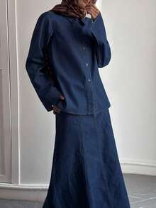 DAZY Conjunto de blusa casual con cuello y falda de mezclilla para mujer - Azul lavado oscuro - Ver 5