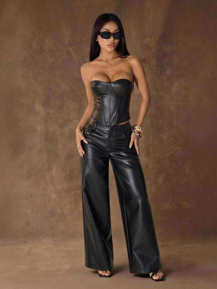 SHEIN PETITE Top corto bandeau de moda sexy de piel sintética marrón para fiesta, corsé de cuero marrón, top de noche, top de club, corsé marrón, top de fiesta, top de cuero, top de invierno, corsé bandeau, top de Halloween, top de Navidad, top de Año Nuevo - Negro - Añade 4