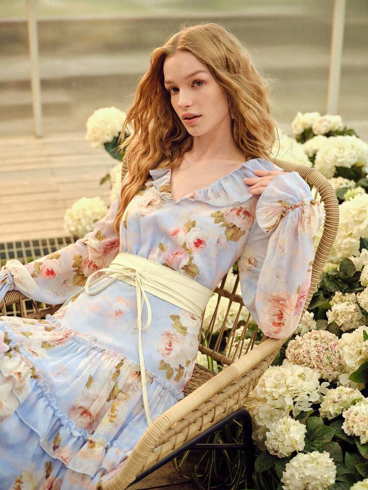 WOMEN'S ROMANTIC ELEGANT RUFFLE HEM FLORAL PRINT LONG SLEEVE DRESS, SPRING/SUMMER