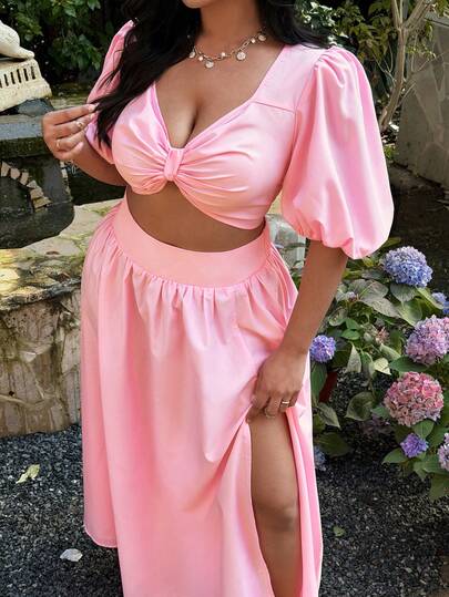 Sunnyshic Plus Size Petal Sleeve Sweet Elegant Influencer Princess Dress Set