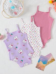 SHEIN Playful Pals 3pcs Baby Girls' Comfortable Versatile Minimalist Solid Color Knit Camisole Romper Set, Spring/Summer - Multicolor - View 3