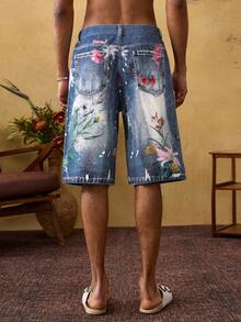 ROMWE MEN Quần short denim nam dáng casual, túi xéo, in họa tiết hoa, thích hợp mặc mùa hè. - Màu xanh lam - Xem 3