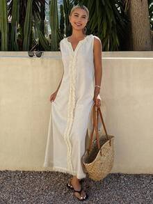 DAZY Đầm không tay, phối họa tiết, tua rua, dáng rộng, thoải mái cho nữ, thích hợp cho kỳ nghỉ hè. - Màu be - Xem 5