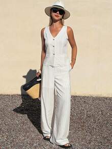 DAZY 两件套女士条纹V领背心外套和阔腿裤休闲度假夏季套装 - 杏色 - 查看 5